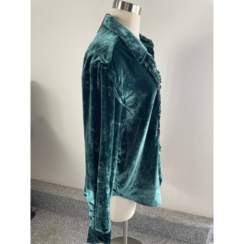 NEW Pilcro Anthropologie Womens Medium Dark Green Velvet Ruffle Button Up Shirt - Picture 8 of 10